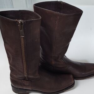 Frye Dark Brown Leather Boots with Outside Zipper